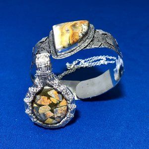 Real Bumble Bee Jasper Gemstone 925 Sterling Silver Stamped Necklace + Bracelet.